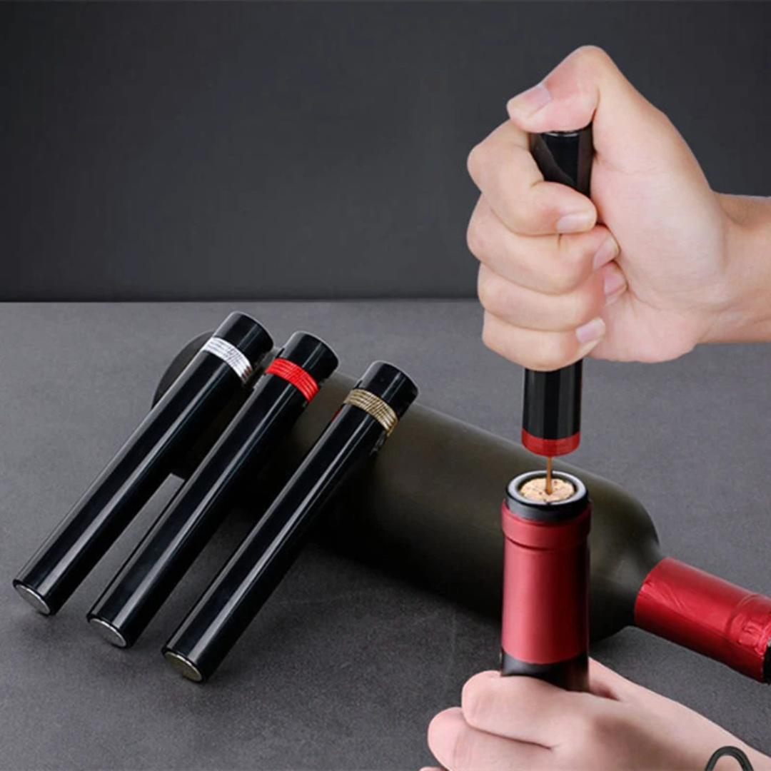 Effortless air pressure wine bottle opener for quick cork removal. A must-have stainless steel kitchen gadget.