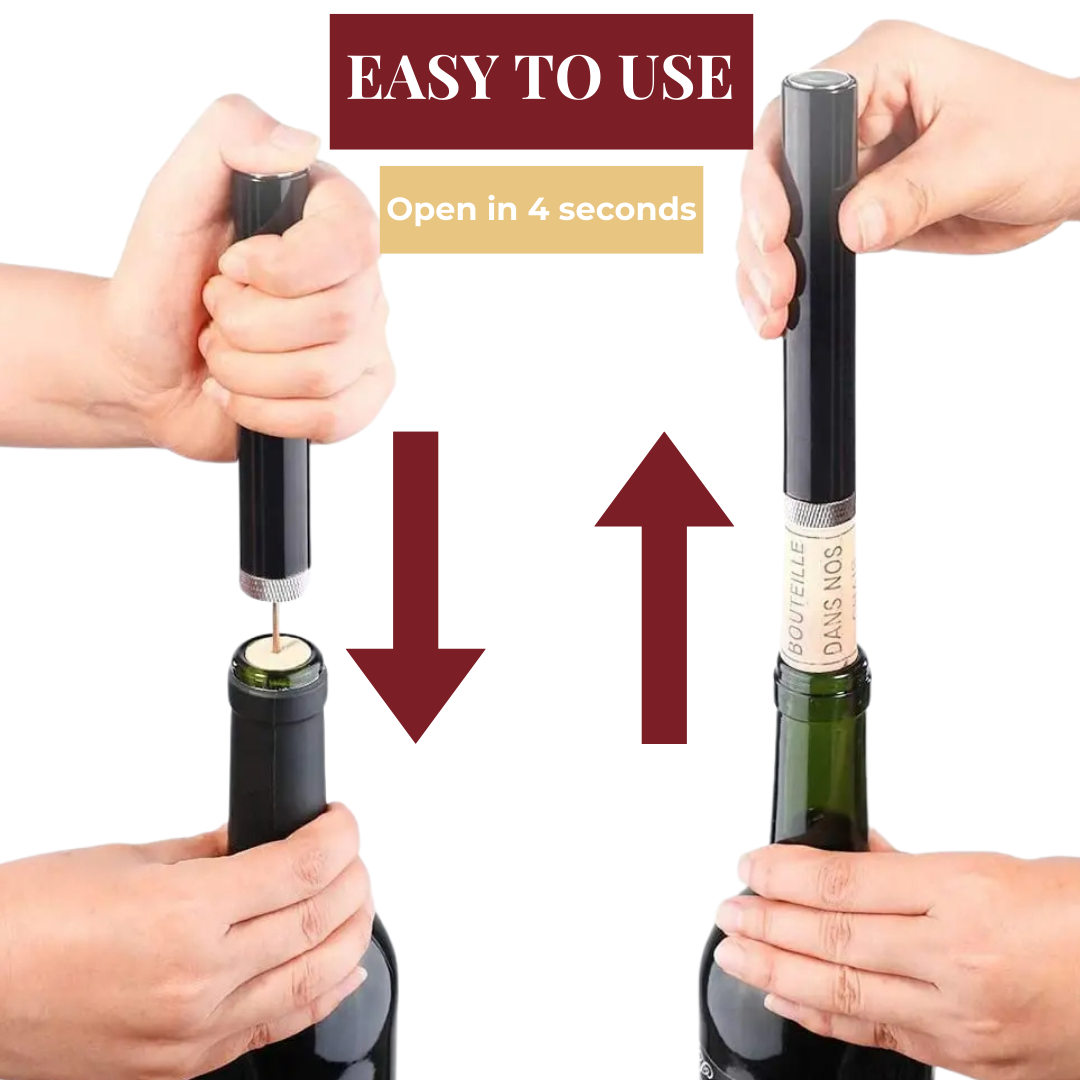 Modern air pressure wine opener, a sleek stainless steel corkscrew bar tool. Perfect gift for wine lovers.