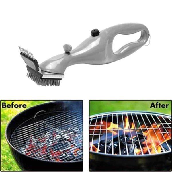 Steam cleaning grill brush removing tough grease and food residue from BBQ grates for easy cleanup.