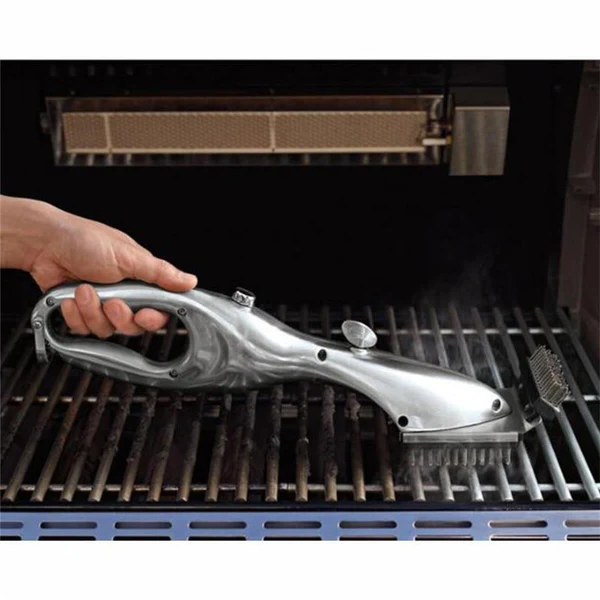 Heavy-duty BBQ steam cleaner brush for stainless steel and cast iron grills. Essential outdoor cooking tool.