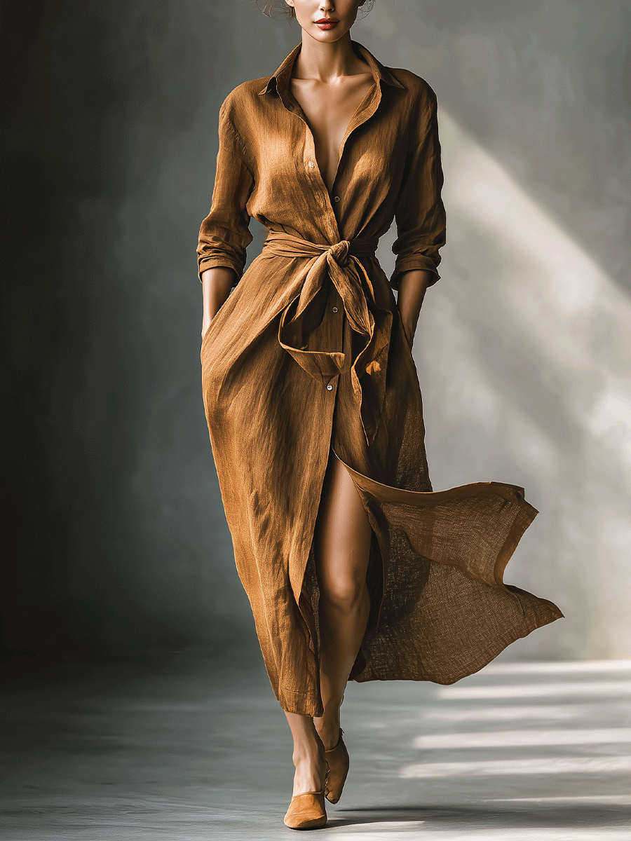 Effortless brown V-neck maxi shirt dress for women with tie waist, perfect for autumn casual comfort.