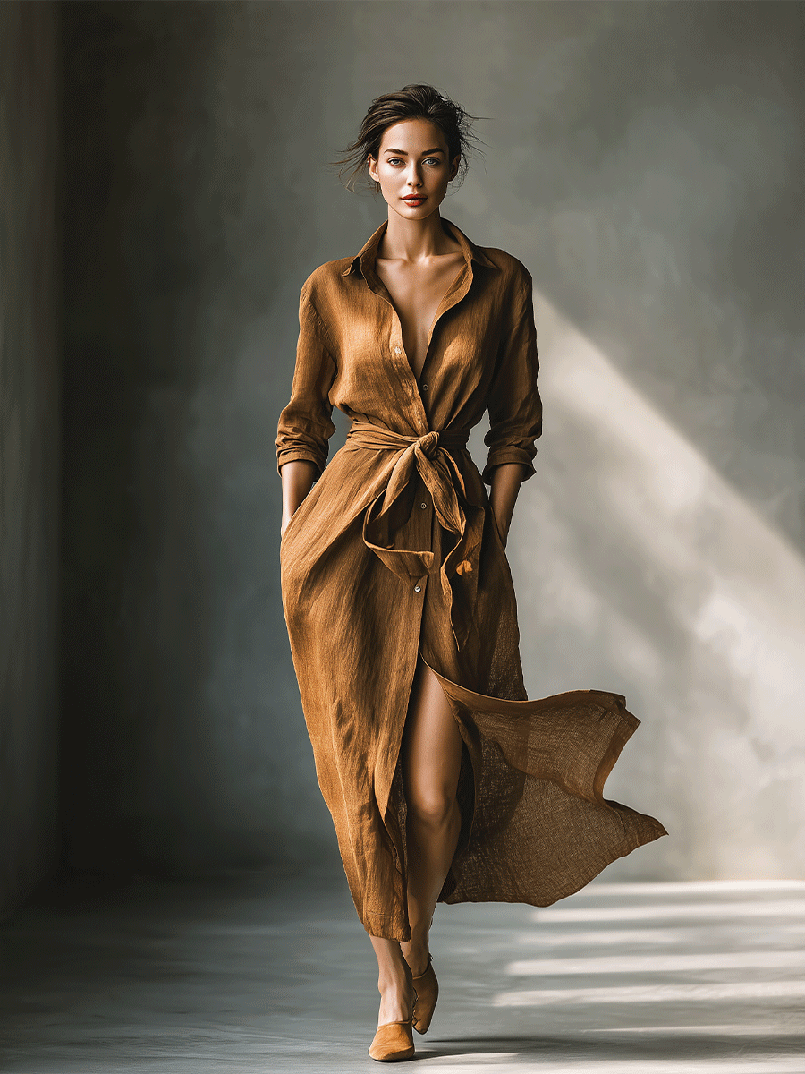 Women's long-sleeve brown shirt dress, a V-neck maxi with a tie waist, ideal for versatile autumn style.