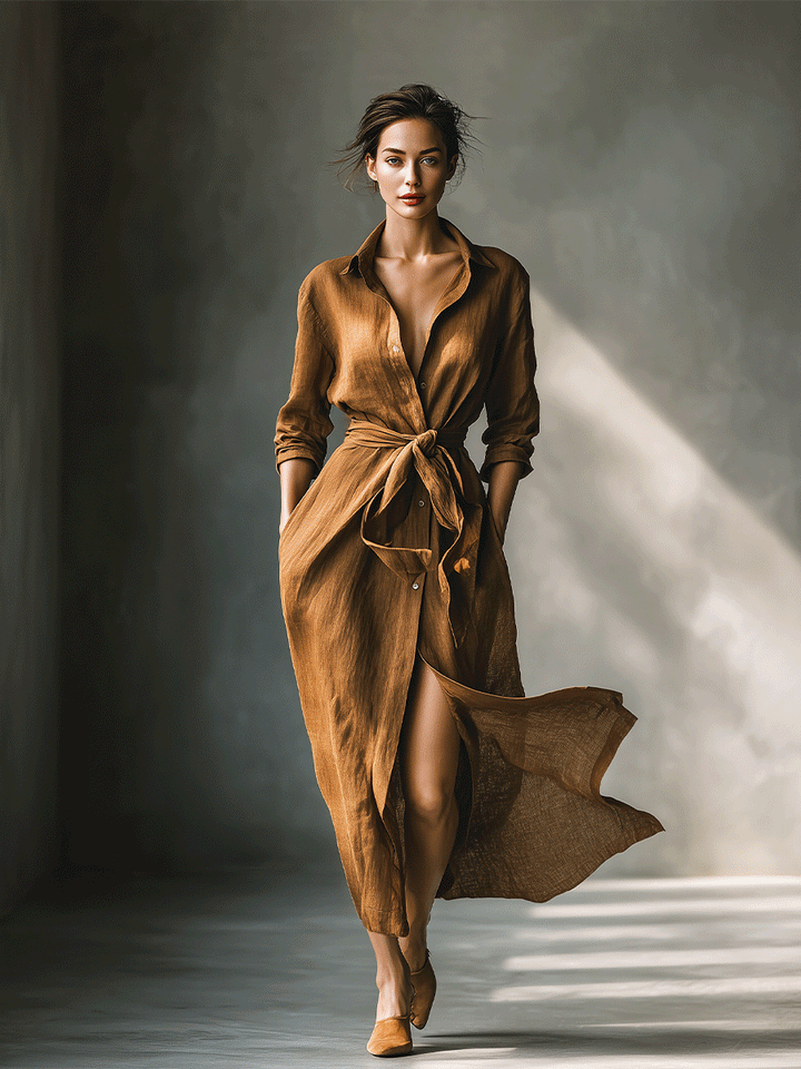 Women's long-sleeve brown shirt dress, a V-neck maxi with a tie waist, ideal for versatile autumn style.