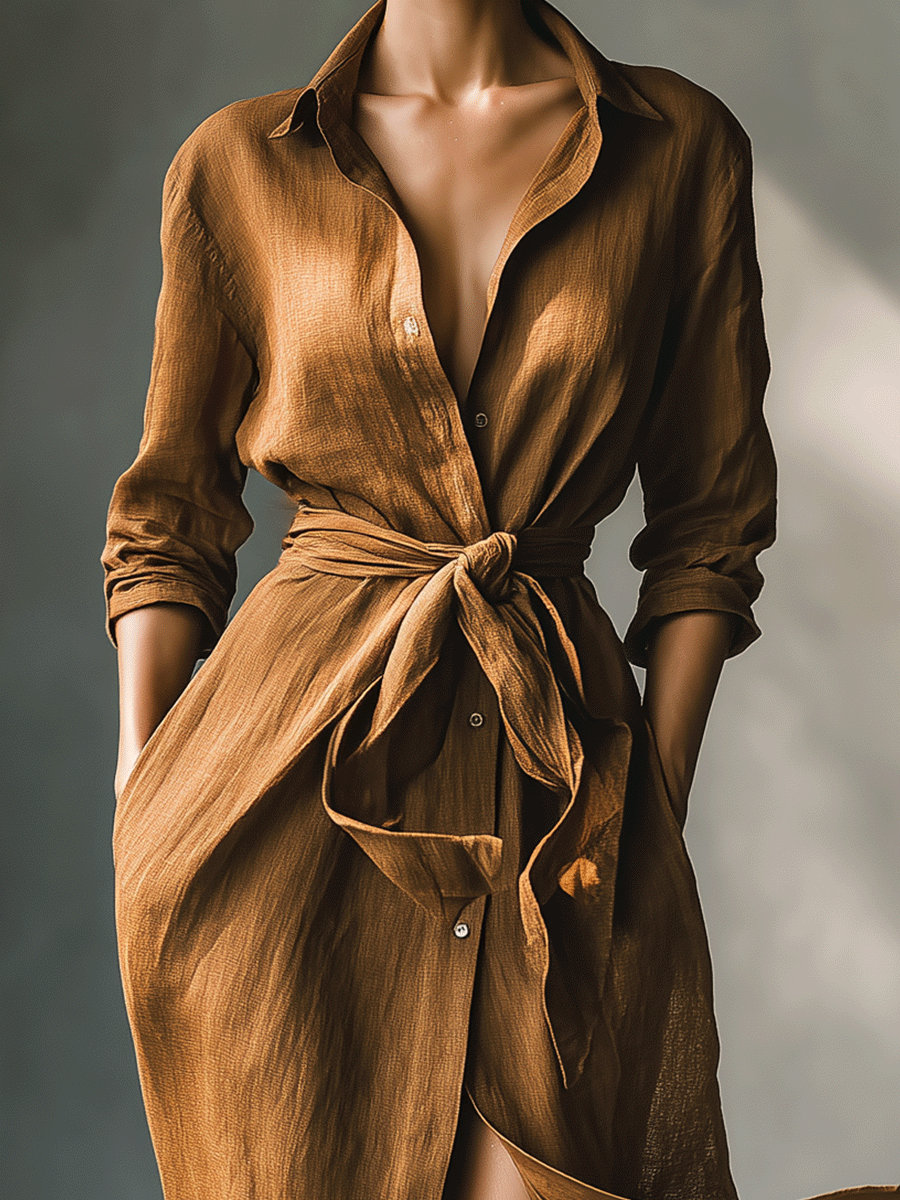 Comfortable brown tie-waist maxi dress for women, featuring a V-neck and long sleeves, great for casual wear.