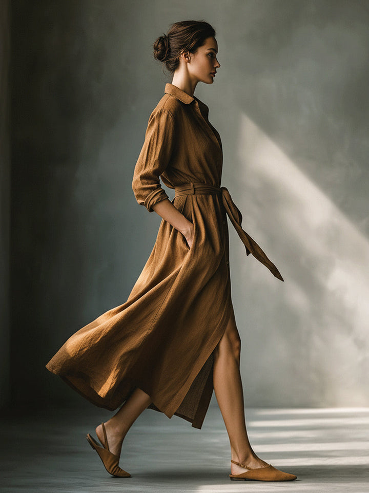 Versatile women's brown maxi dress, a casual V-neck shirt dress with tie waist and long sleeves for autumn.