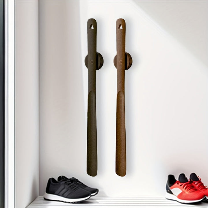 Magnetic beechwood shoehorn with wall mount. Long wood shoehorn for easy shoe access & neat storage.