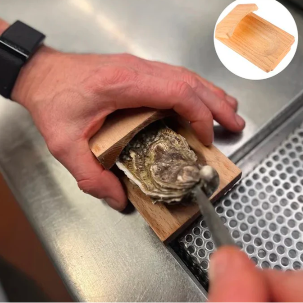 Prevents slips: wooden oyster shucking clamp provides a secure grip for safe and easy seafood preparation.