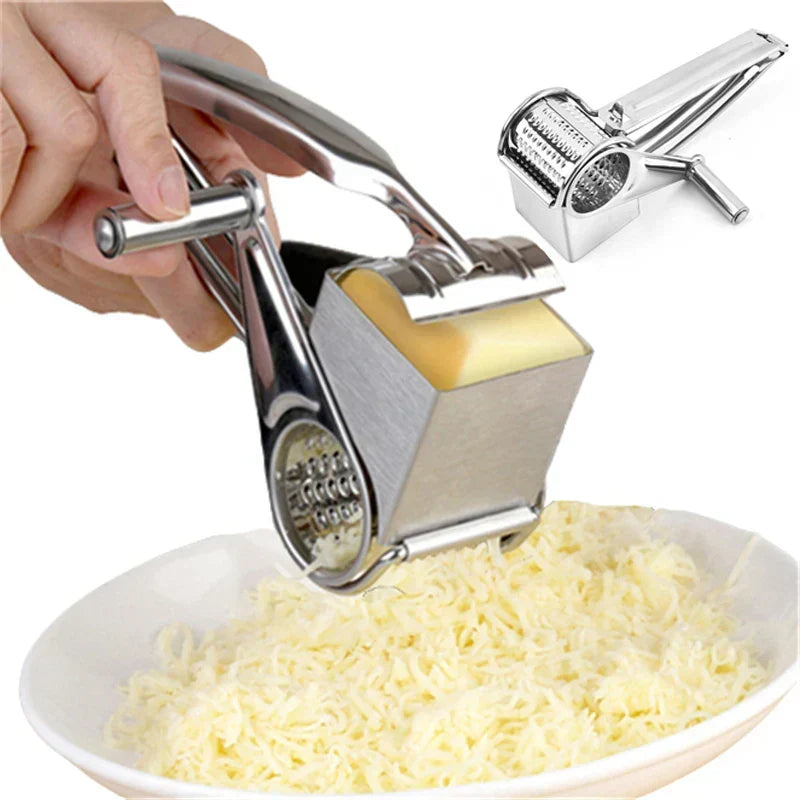 Effortless rotary grater in stainless steel for cheese, vegetables & nuts; manual kitchen food prep tool.