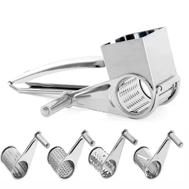 Manual rotary grater, stainless steel, for effortlessly shredding hard cheeses like Parmesan & cheddar.