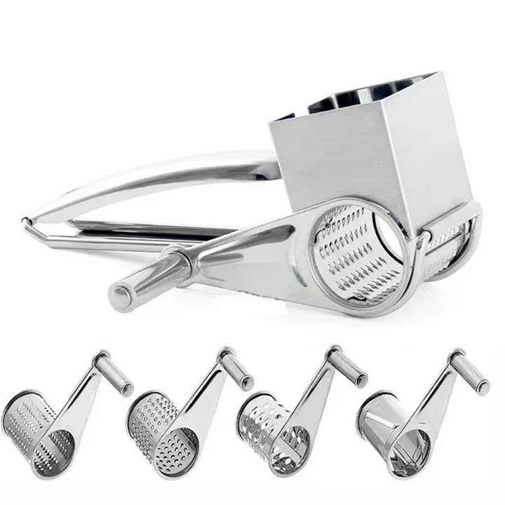 Manual rotary grater, stainless steel, for effortlessly shredding hard cheeses like Parmesan & cheddar.