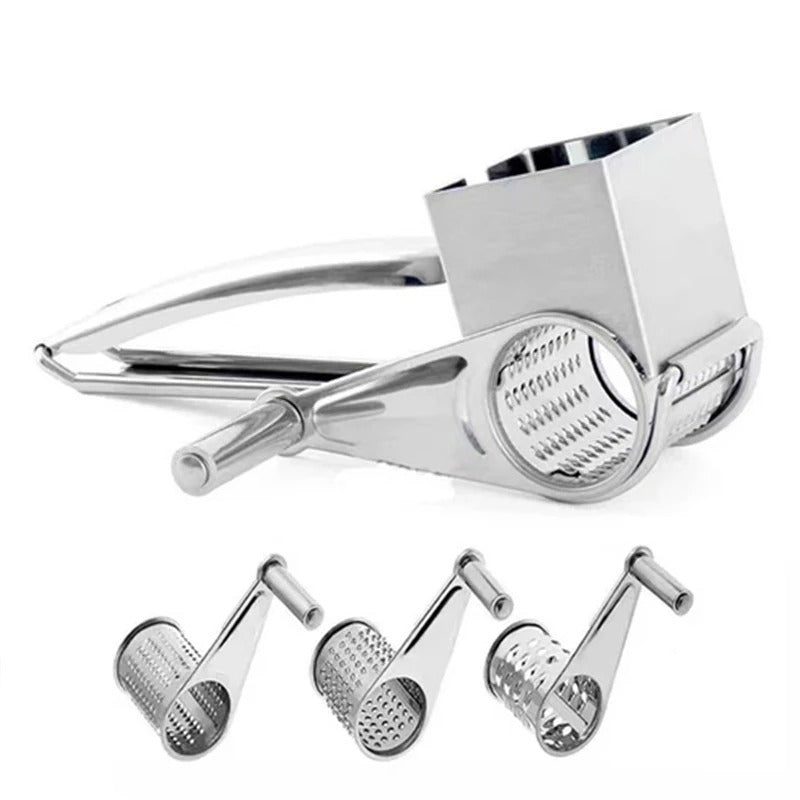 Easy-to-use rotary grater for cheese & vegetables; manual, stainless steel kitchen tool for quick food prep.