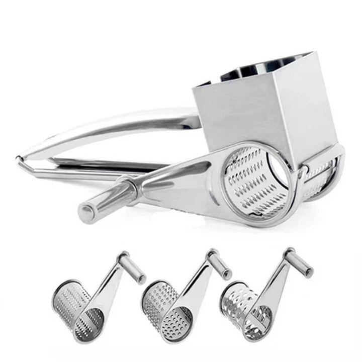 Easy-to-use rotary grater for cheese & vegetables; manual, stainless steel kitchen tool for quick food prep.