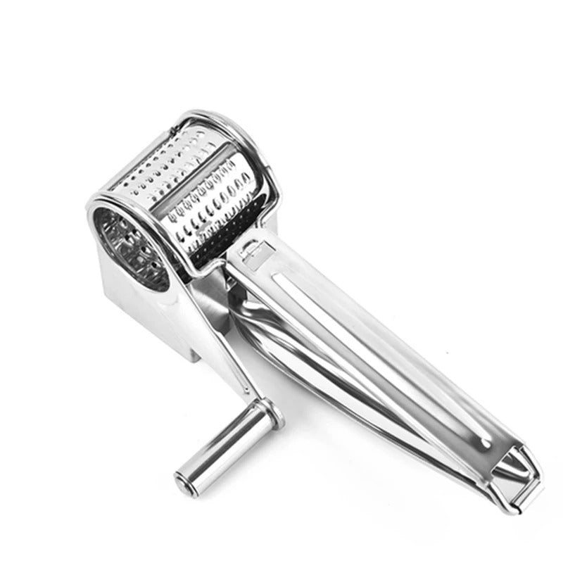 Compact manual rotary grater, stainless steel, easy to store & clean; essential kitchen food prep tool.