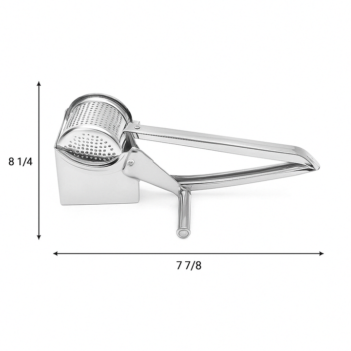 Versatile manual rotary grater for cheese, vegetables & spices; stainless steel, efficient kitchen tool.