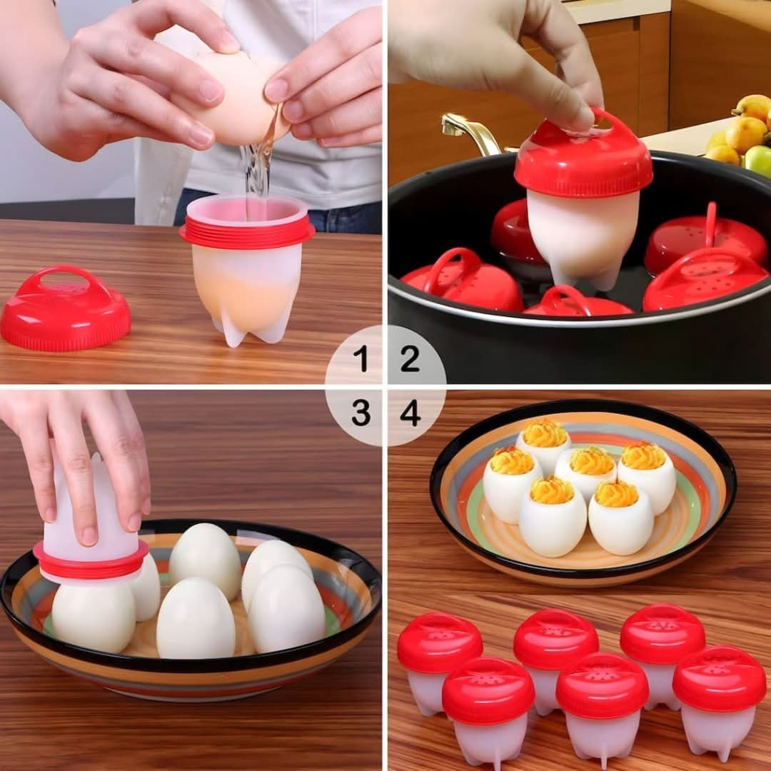 Silicone egg cooker molds, perfect for easy, no-peel boiled or poached eggs. Great for healthy breakfast & food prep.