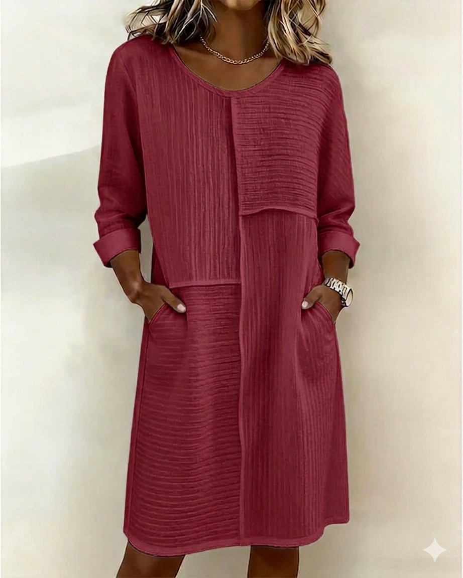 Women's comfortable textured shift dress. Elegant 3/4 sleeve design with pockets. Perfect for spring & summer everyday wear.