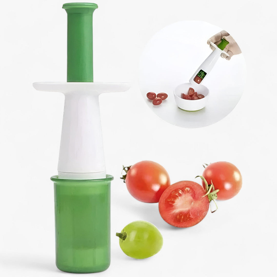 Compact fruit slicer quickly preps cherry tomatoes, grapes & strawberries for salads and healthy snacks.
