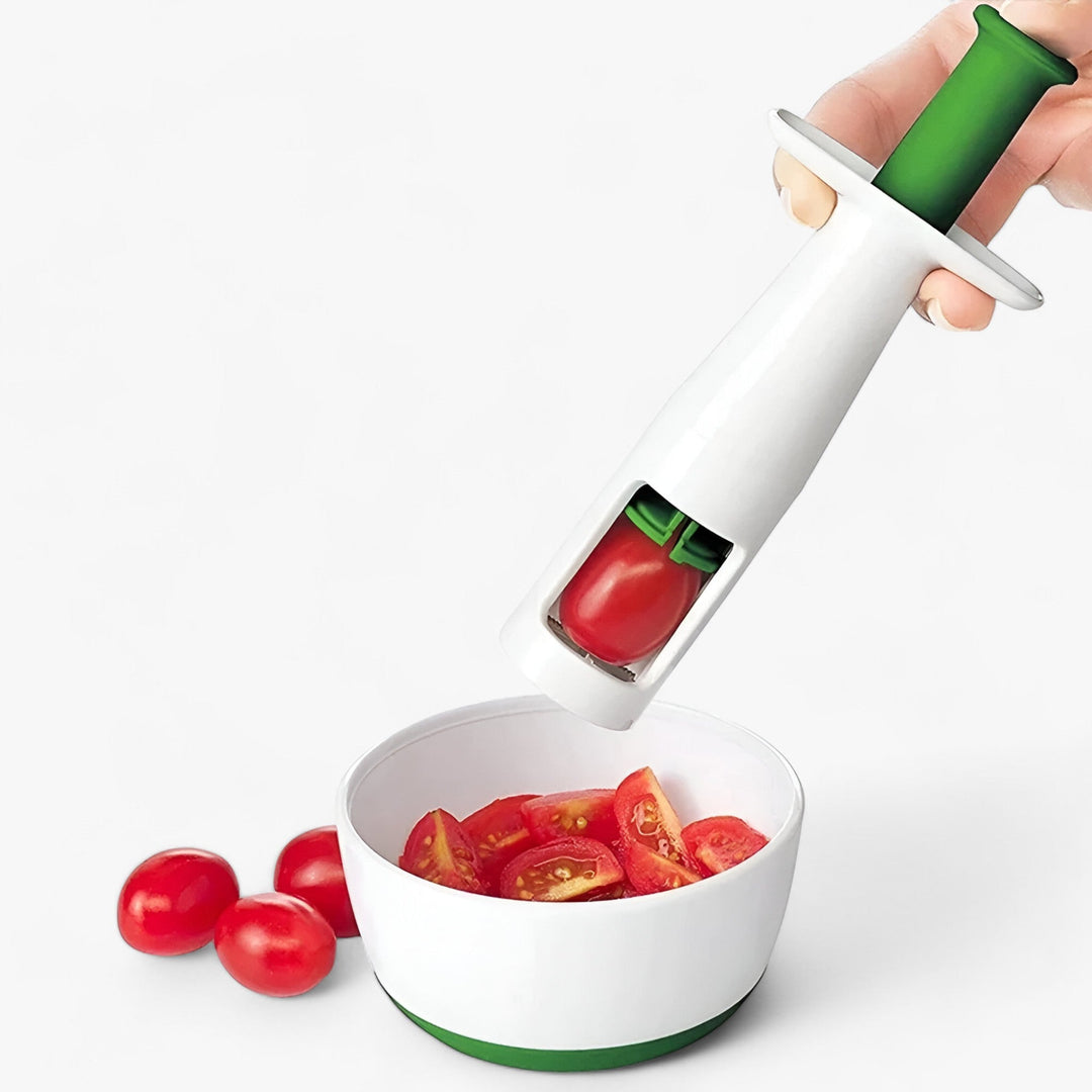 Time-saving kitchen tool: effortlessly slices small fruits like tomatoes & grapes for healthy cooking & snacks.