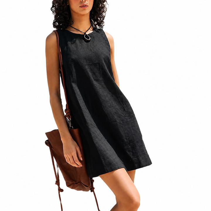 Comfortable women's sleeveless shift mini dress with a round neck, ideal for warm weather & everyday wear.