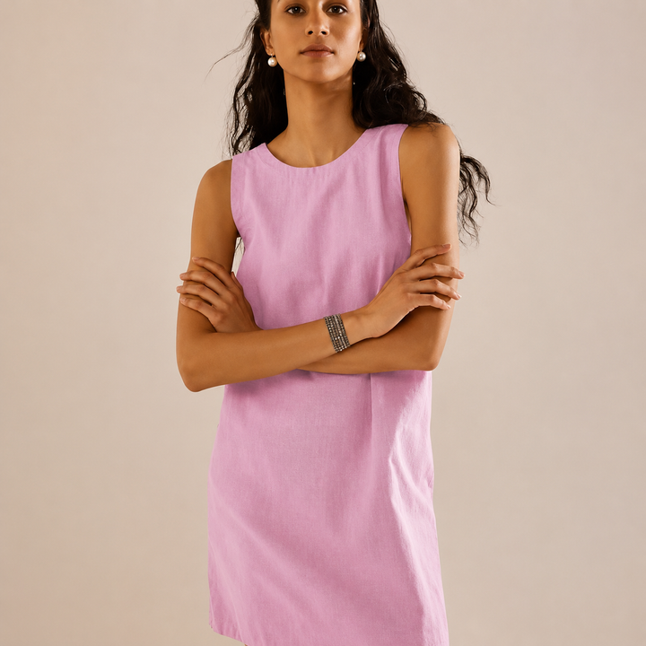 Relaxed fit women's shift mini dress. Sleeveless, round neck, perfect for casual summer outings & comfort.