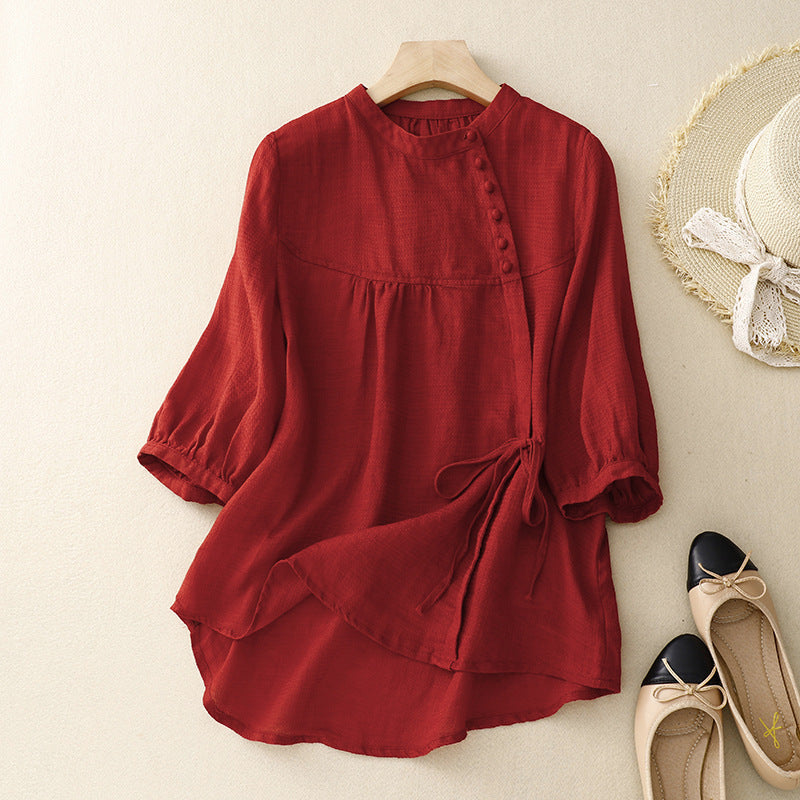 Versatile women's casual top, featuring a comfy tie-waist and chic puffed sleeves. Ideal for daily wear.