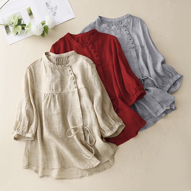 Stylish women's summer blouse, a chic shirt with puffed sleeves & an adjustable tie-waist, for modern fashion.
