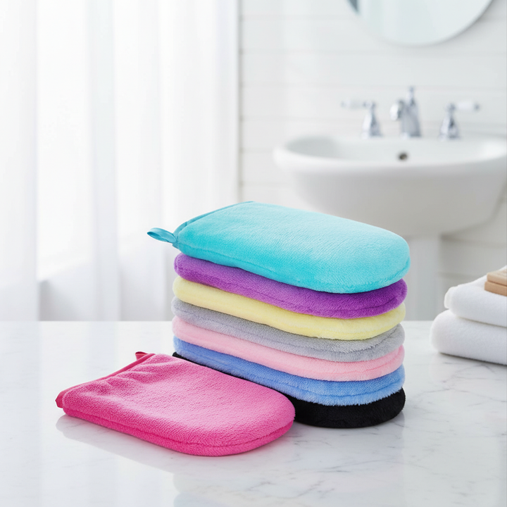 Eight pack of vibrant CareMitts microfiber wash mitts for gentle, eco-friendly face and body cleansing.