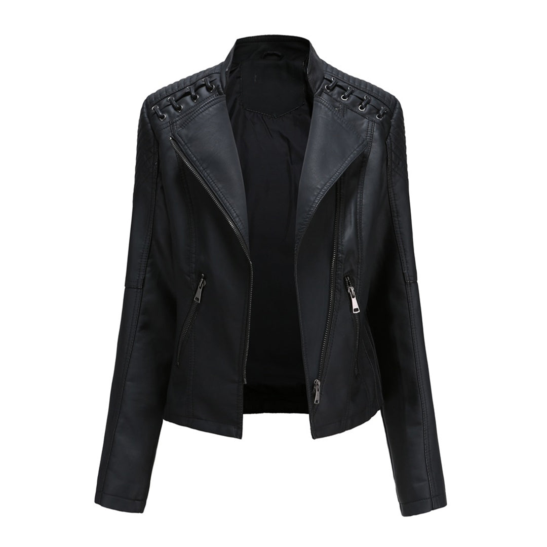 Elani women's trendy leather biker jacket, chic everyday style outerwear for spring & autumn fashion.