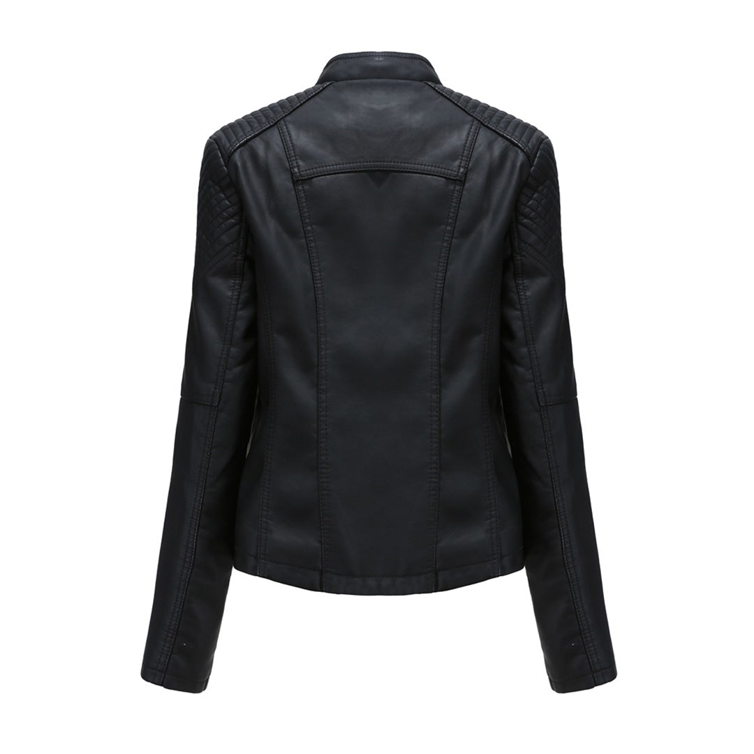 Black Elani women's chic leather biker jacket, versatile trendy outerwear for spring, autumn fashion.