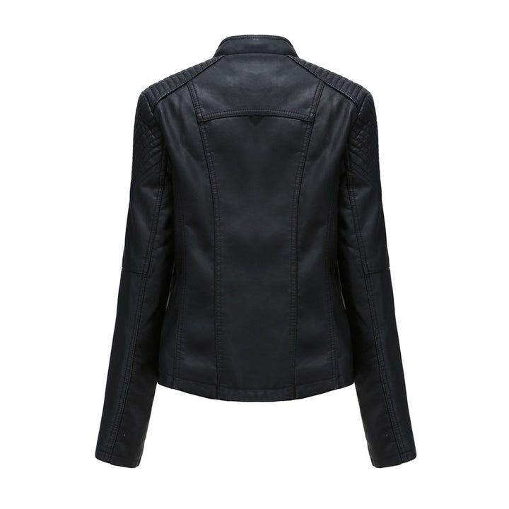 Black Elani women's chic leather biker jacket, versatile trendy outerwear for spring, autumn fashion.