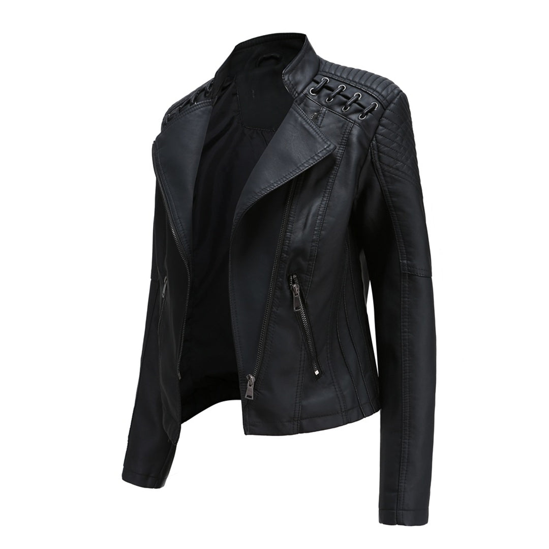 Woman modeling Elani chic leather jacket, part of a trendy spring/autumn outfit, versatile outerwear.