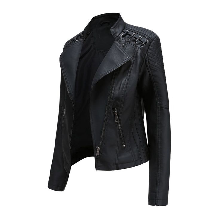 Woman modeling Elani chic leather jacket, part of a trendy spring/autumn outfit, versatile outerwear.