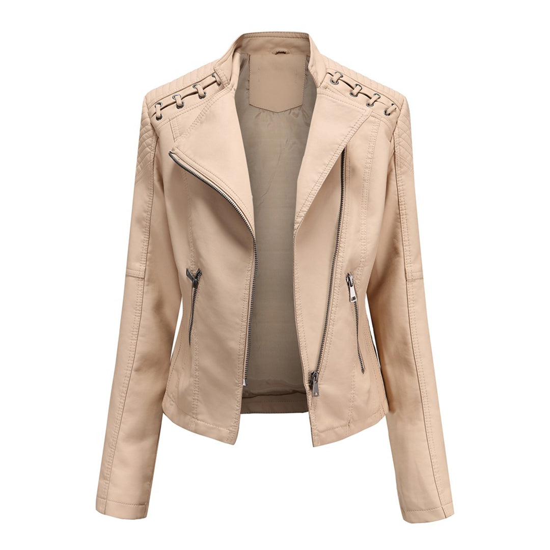 Close-up of Elani women's leather jacket details, showcasing chic biker style & trendy outerwear.