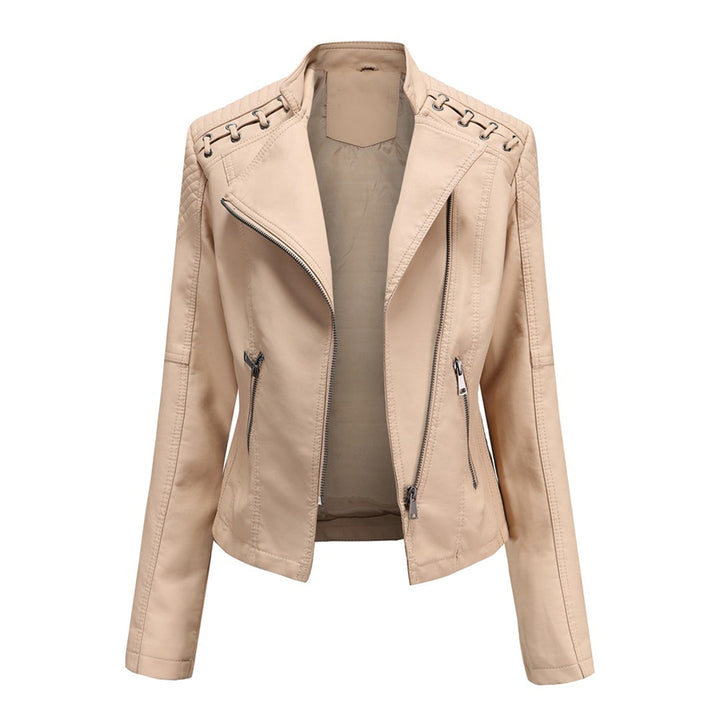Close-up of Elani women's leather jacket details, showcasing chic biker style & trendy outerwear.