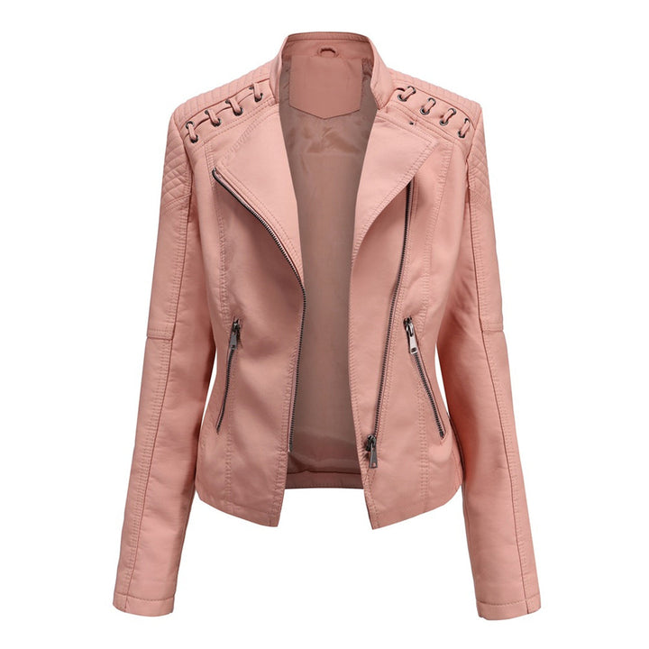 Back view of Elani women's trendy leather jacket, highlighting chic cut, versatile design & outerwear.