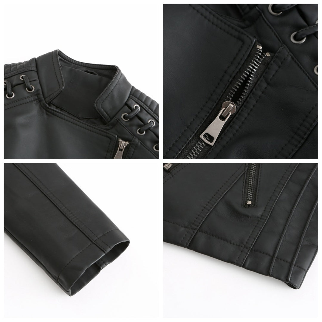 Front view of Elani women's chic leather biker jacket, essential trendy outerwear for everyday style.