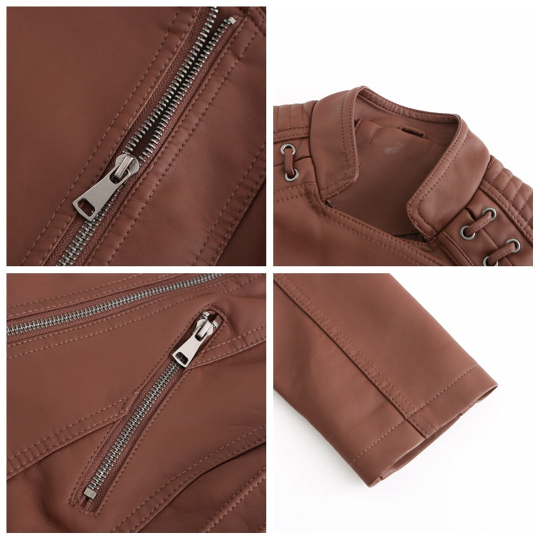 Elani women's fashionable leather jacket, ideal chic outerwear for spring & autumn casual styles.