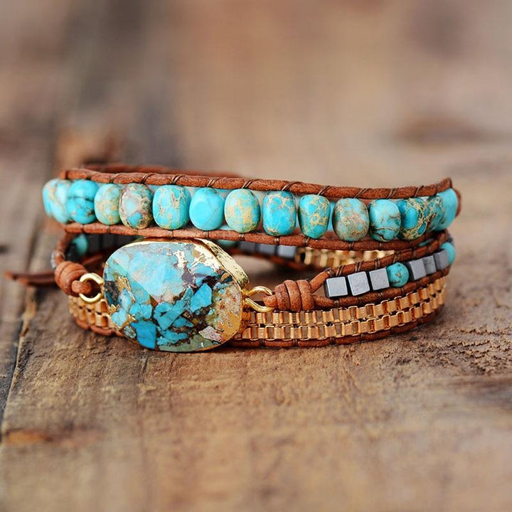 Elara women's turquoise & jasper crystal wrap bracelet, healing energy handmade leather jewelry