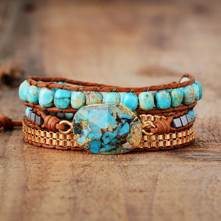 Stylish women's wrap bracelet featuring turquoise, jasper & crystals, spiritual handmade design