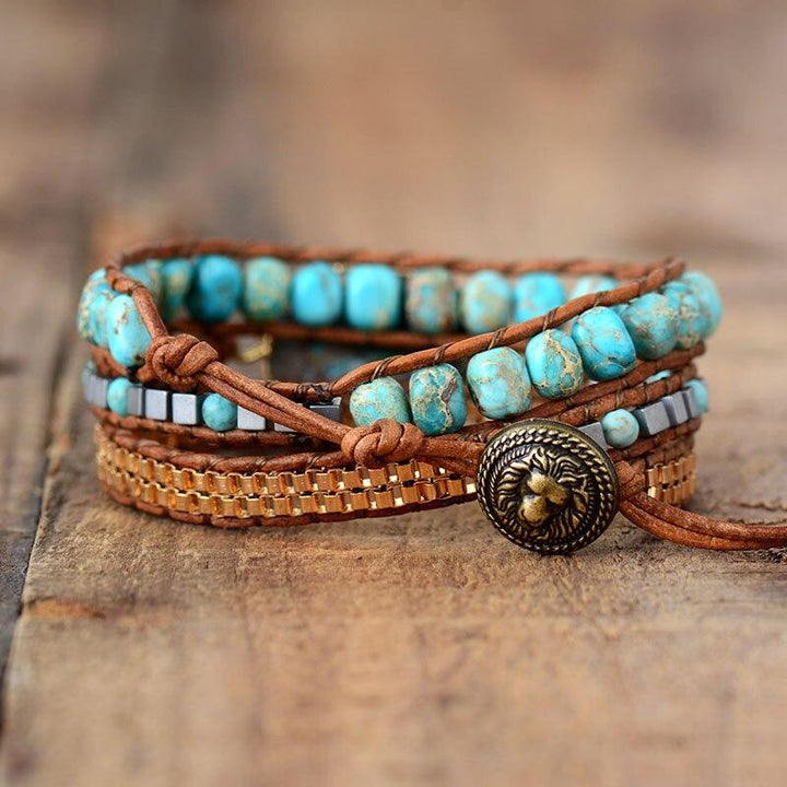 Elara calming energy women's turquoise & jasper crystal wrap bracelet, genuine leather