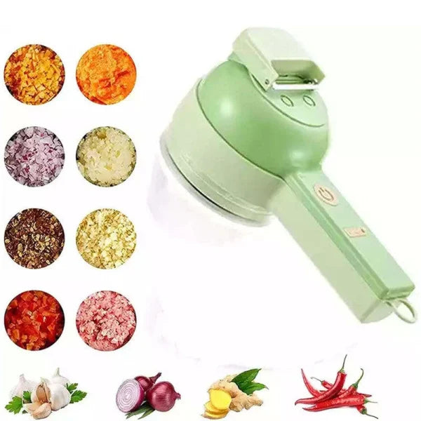 PrepMaster electric kitchen appliance: 4-in-1 chopper, slicer, meat grinder & peeler for quick cooking.
