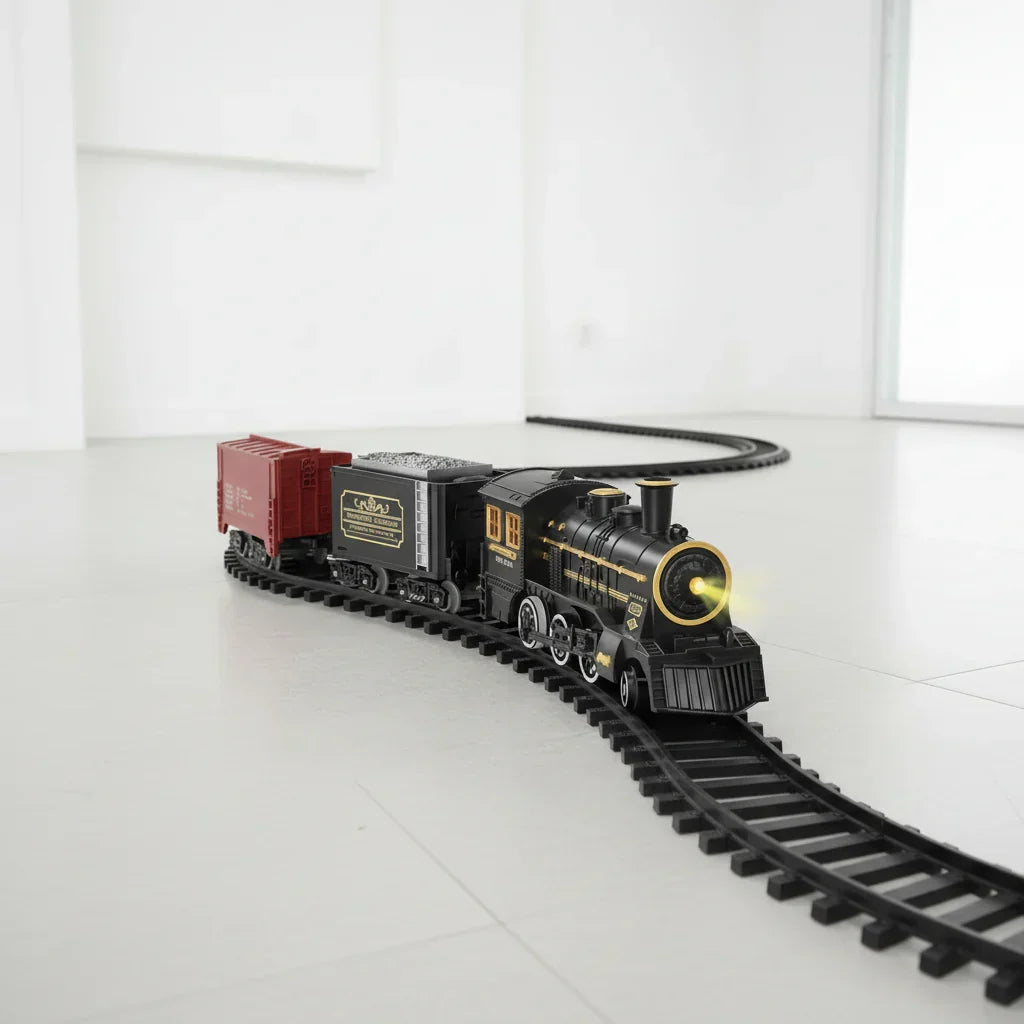 Electric Christmas train set with flexible tracks, festive holiday decor, ideal kids toy & seasonal gift.