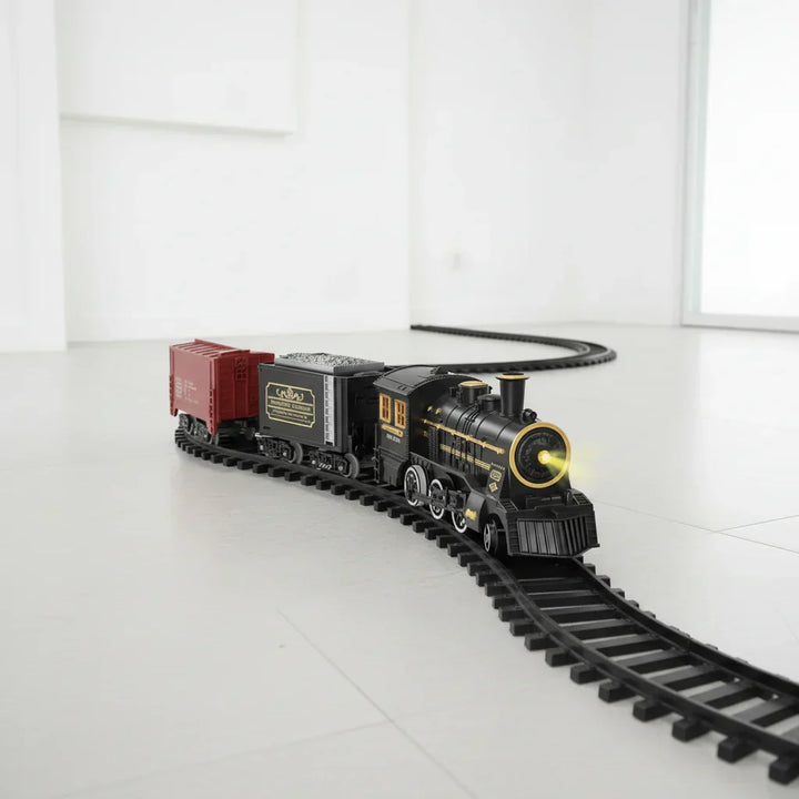 Electric Christmas train set with flexible tracks, festive holiday decor, ideal kids toy & seasonal gift.