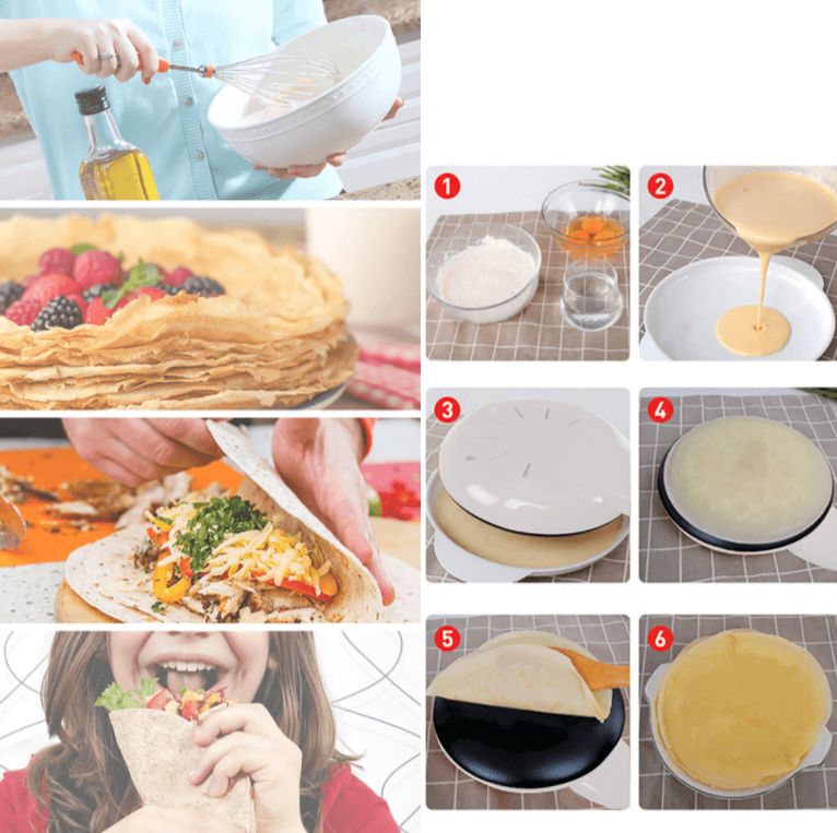 Versatile electric crepe maker for savory crepes, sweet pancakes, and warm tortillas.
