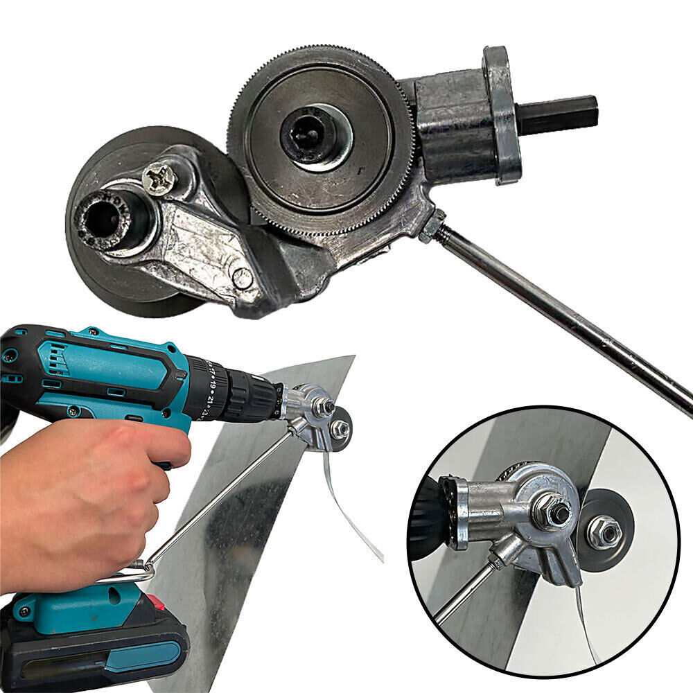 Electric drill attachment for clean, precise sheet metal cuts. Essential heavy-duty metal working cutting tool.