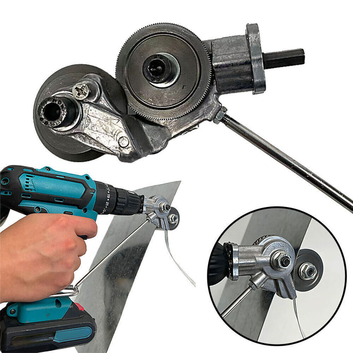 Electric drill attachment for clean, precise sheet metal cuts. Essential heavy-duty metal working cutting tool.