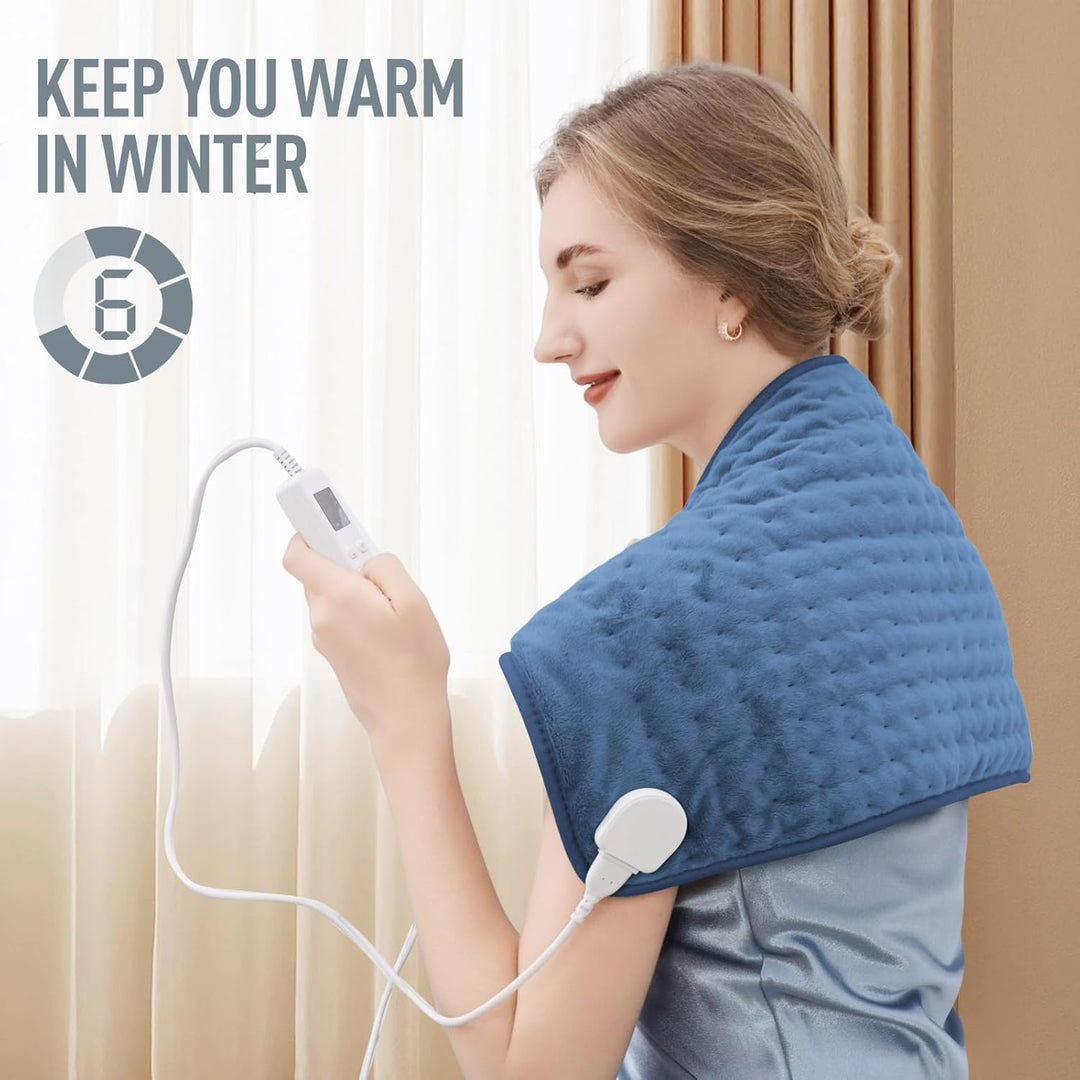 Adjustable electric heating pad for targeted pain relief, muscle relaxation, & therapeutic comfort.