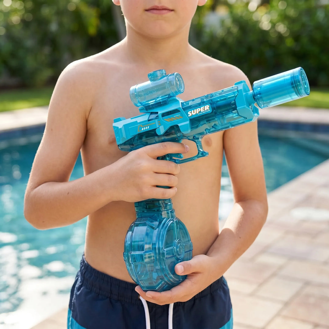 Electric light-up water blaster for exciting outdoor fun; rechargeable water gun for kids & adults.