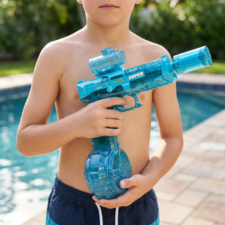 Electric light-up water blaster for exciting outdoor fun; rechargeable water gun for kids & adults.