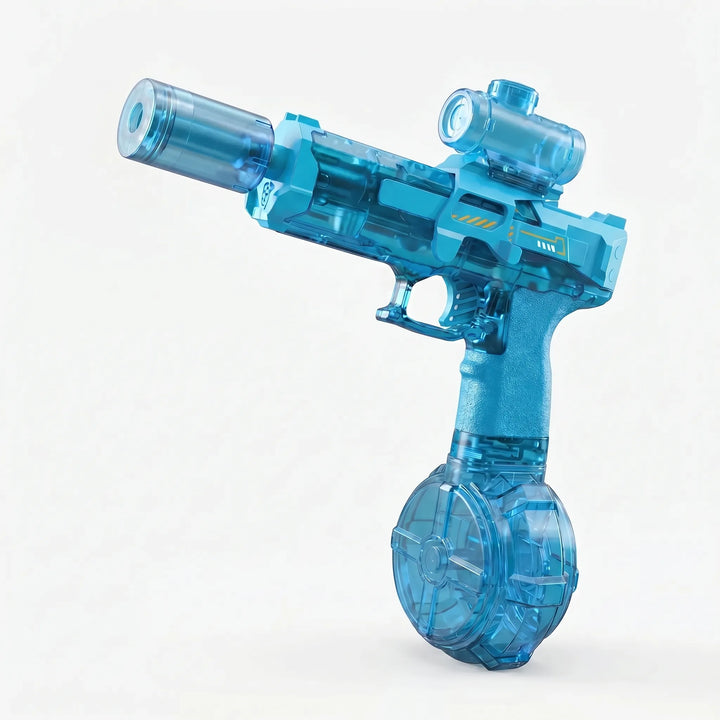 Vibrant electric light-up water blaster for outdoor pool parties; rechargeable summer fun water gun.